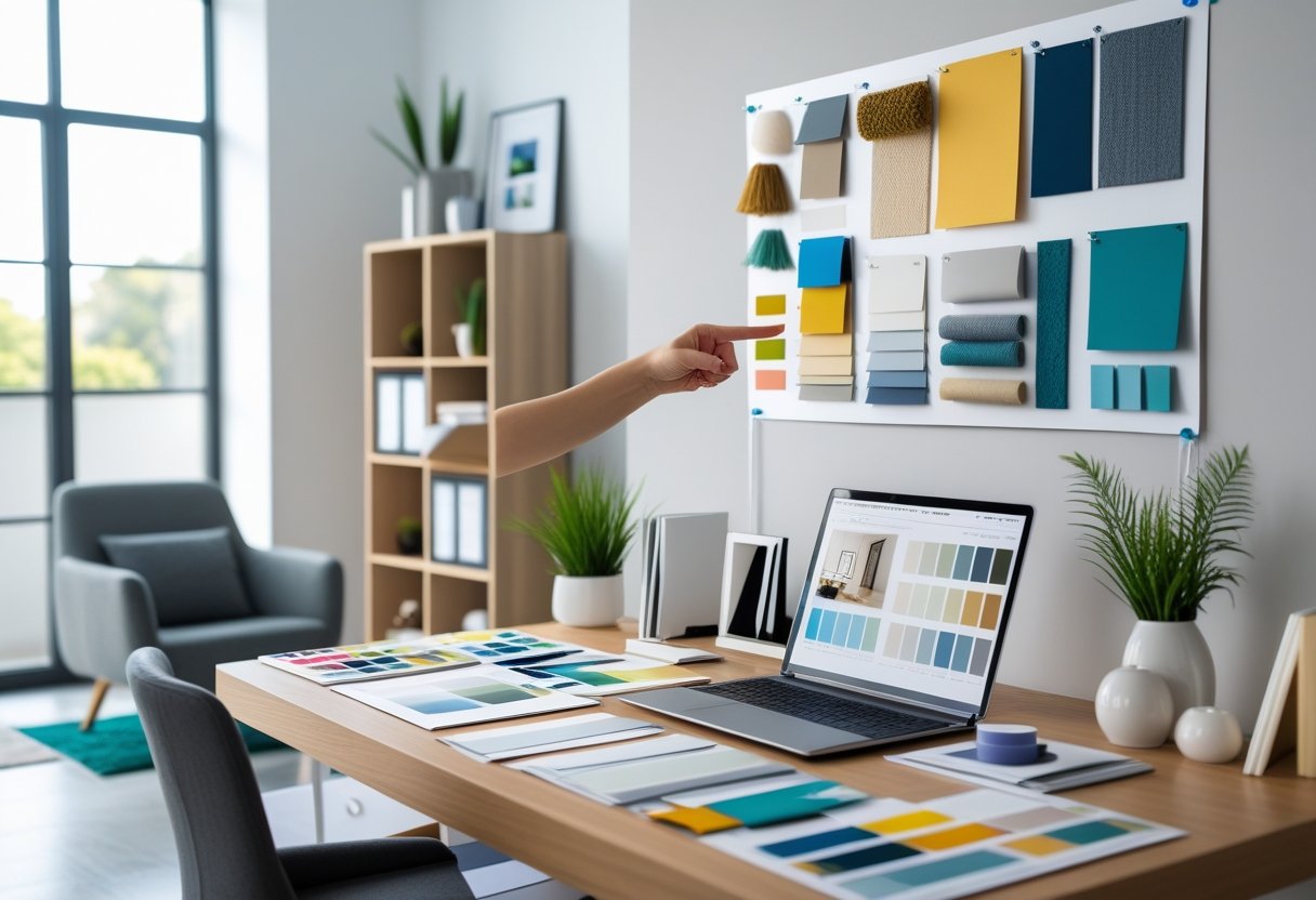 A bright, modern workspace with design tools, a laptop, and a mood board, showing a person working on interior design plans.